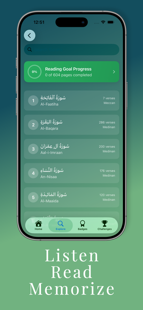 Niyyah Journey - Niyyah Journey app interface showing the Quran surah list and reading goal progress tracker