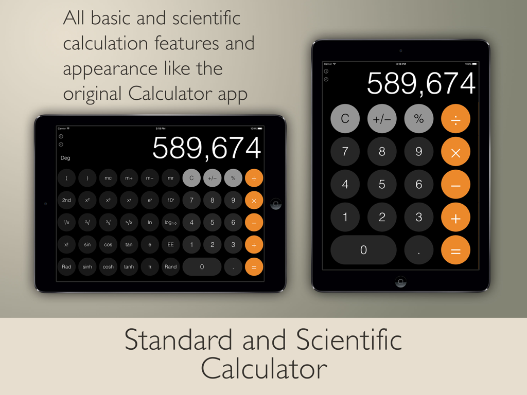 Two iPads showing Calculator Pad Edition in both standard portrait and scientific landscape modes with a flat UI design.