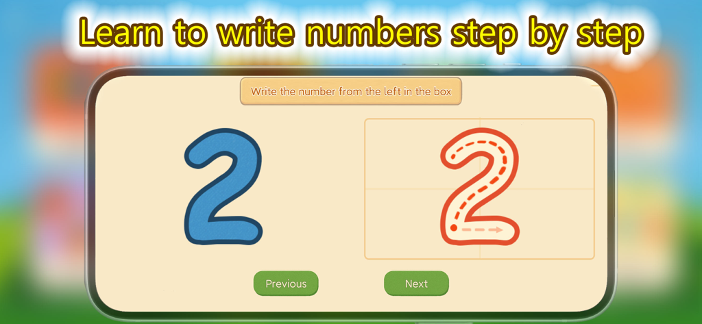 Counting Magic- kids math 123 - Pantalla de la aplicación de matemáticas preescolar que muestra un tutorial guiado para trazar el número dos.