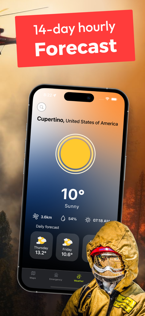 Smartphone screen showing a 14-day hourly weather forecast for Cupertino within the Wildfire App