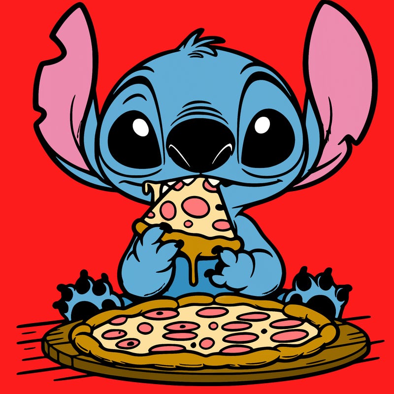 stich eating pizza