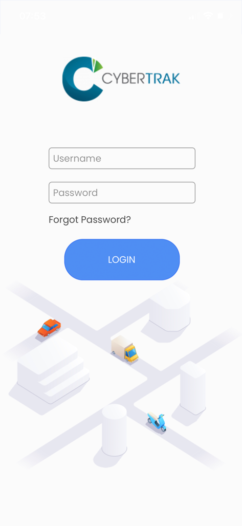 Cybertrak - Anmeldebildschirm der Cybertrak Flottenmanagement- und Navigations-App mit Feldern für Benutzername und Passwort