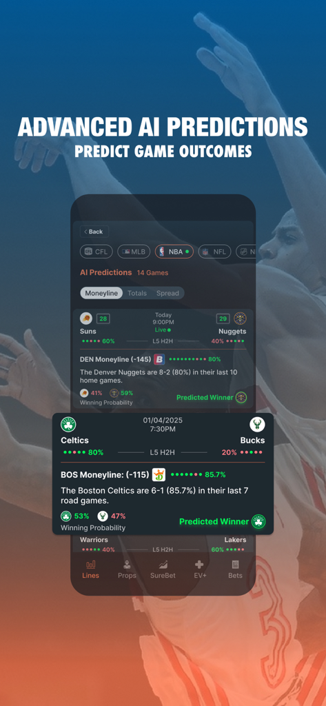 AI Sports Betting : BetSmartAI - Captura de pantalla de la aplicación BetSmartAI que muestra predicciones avanzadas de apuestas deportivas y resultados de juegos