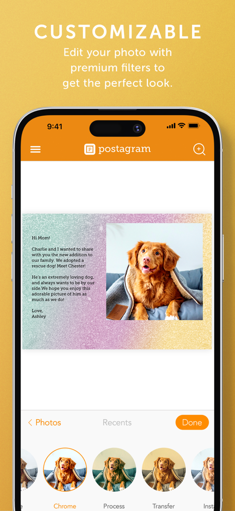 Postagram app interface showing photo filter selection and a custom postcard design with a picture of a dog.