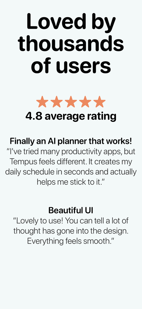 User reviews and 4.8 star rating for the Tempus ADHD Planner app showing testimonials about the AI schedule and beautiful UI