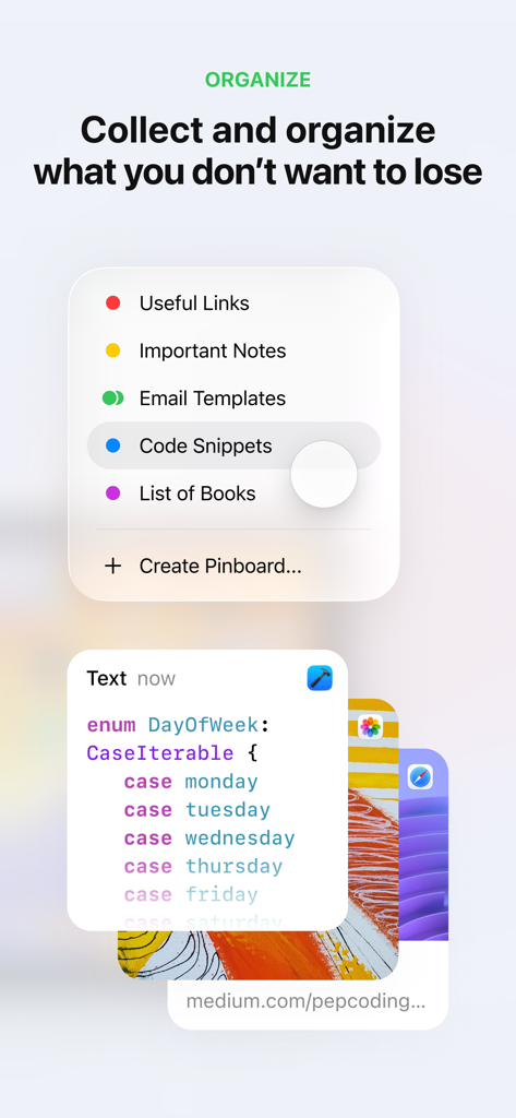 Paste – Limitless Clipboard - The Paste app interface showing how to organize copied content into pinboards like code snippets and useful links.