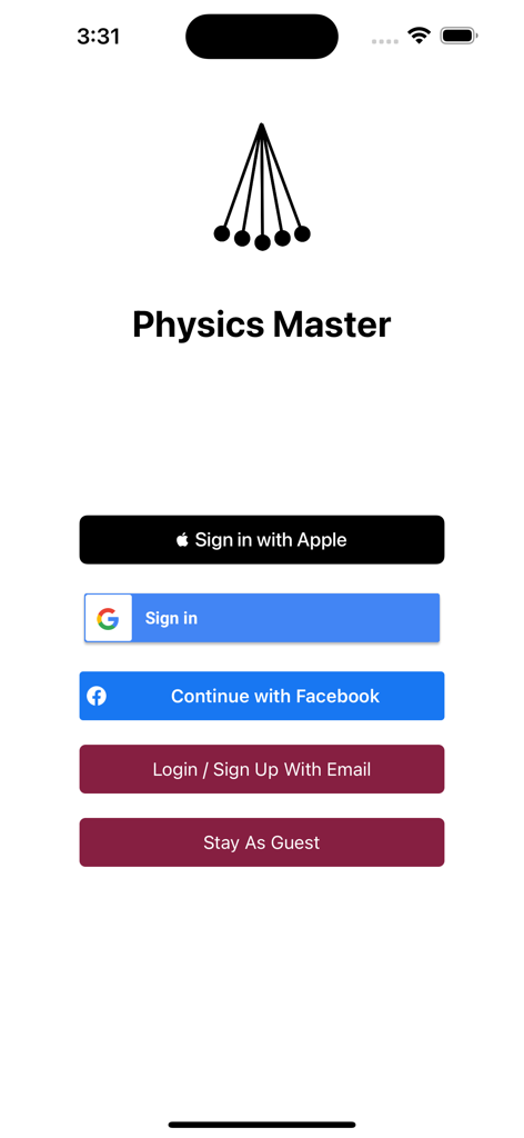 Physics Master - Physics Master app login screen with various social sign in options and guest access