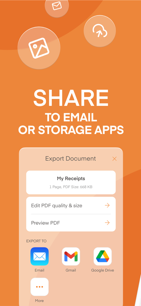 Interface for sharing scanned PDF documents to email and cloud storage services like Gmail and Google Drive
