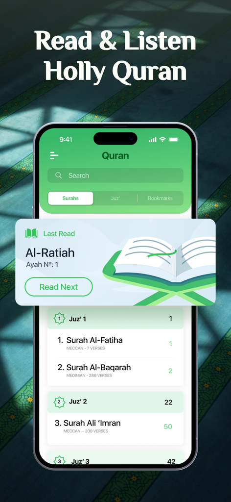 Interface de l'application mobile pour lire et écouter le Saint Coran avec une liste de sourates