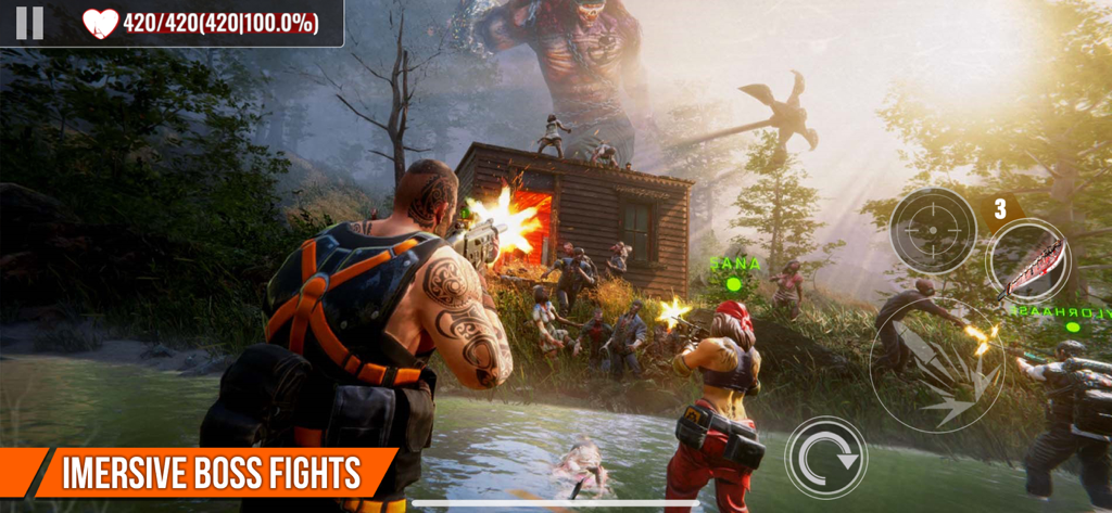 A group of survivors fighting a giant boss and a zombie horde in a forest setting