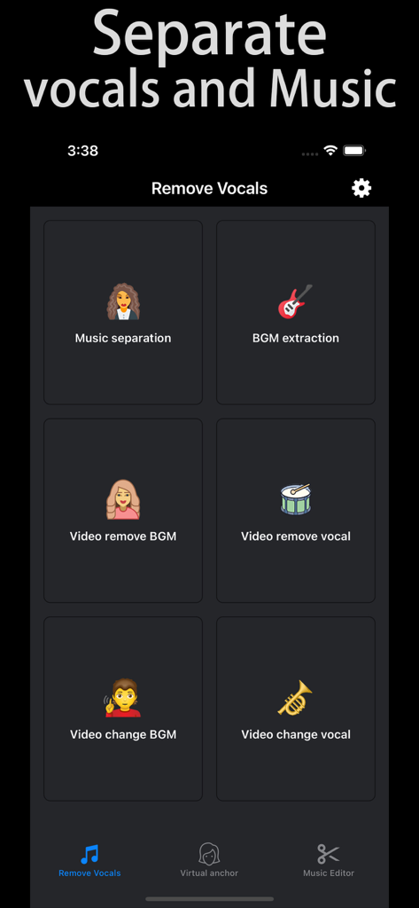 Remove Vocals-vocal extractor - Main interface of the Remove Vocals app showing music separation and BGM extraction tools