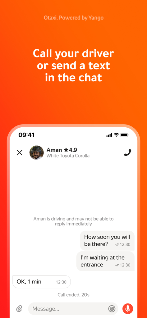 Oman Taxi: Otaxi - Otaxi app interface showing the in-app chat and call options to communicate with a driver in Oman