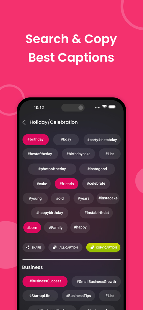 TopFollow - Tags - TopFollow app interface displaying trending hashtags for holiday and business categories.