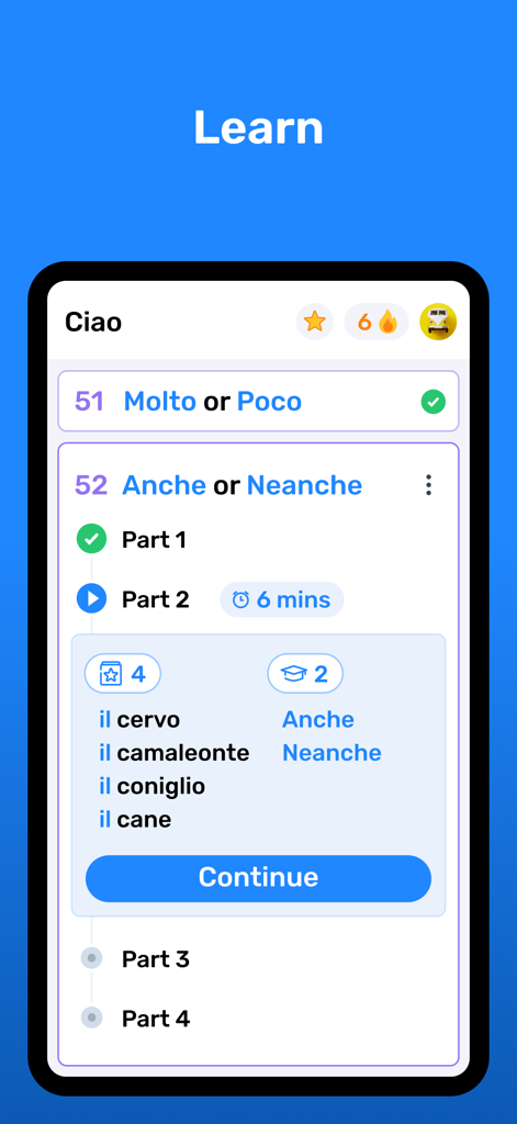 Wlingua - Learn Italian - Interface of the Wlingua Italian learning app displaying a structured course with grammar and vocabulary lessons