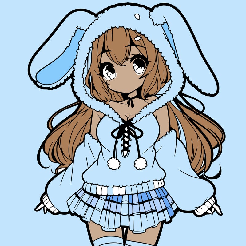 pretty anime girl wearing a fluffy hoodie with bunny ears on the hood and a skirt