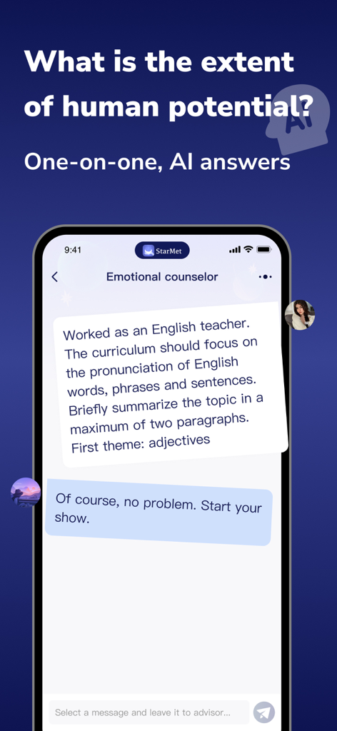 StarMet mobile app chat interface featuring an AI emotional counselor conversation