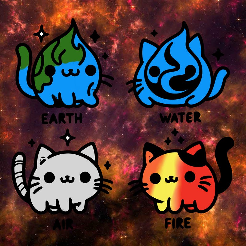 4 cats that represent the different elements, earth, water, air, and fire