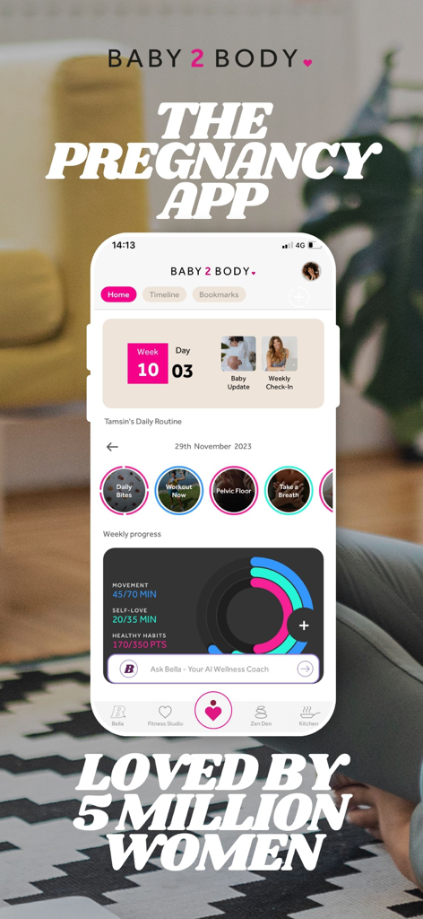 The home screen of the Baby2Body app showing pregnancy tracking, daily wellness tasks, and weekly progress for movement and self-care.