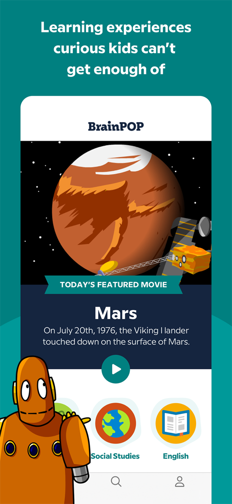 BrainPOP app interface showing a featured movie about Mars with the character Moby and learning categories like Social Studies and English.