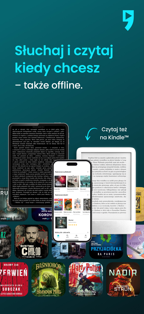 Empik Go app interface displayed on a smartphone tablet and Kindle reader with Polish book titles