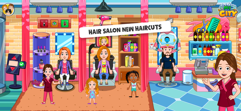 Characters inside a colorful hair salon with styling chairs and hair products in My City Dentist Visit