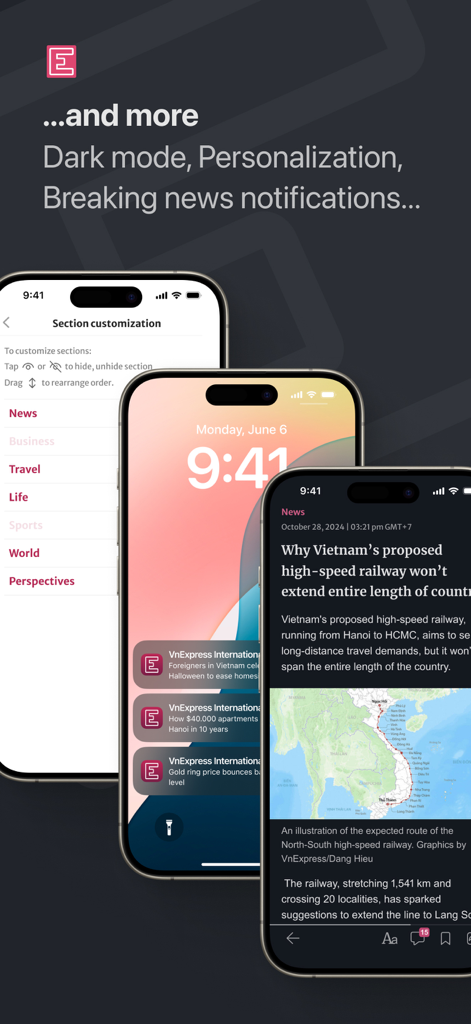 VnExpress app interface showing news customization and breaking news notifications
