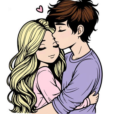 a realistic couple boy and girl hugging and kissing