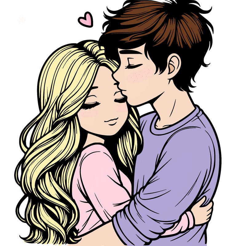 a realistic couple boy and girl hugging and kissing
