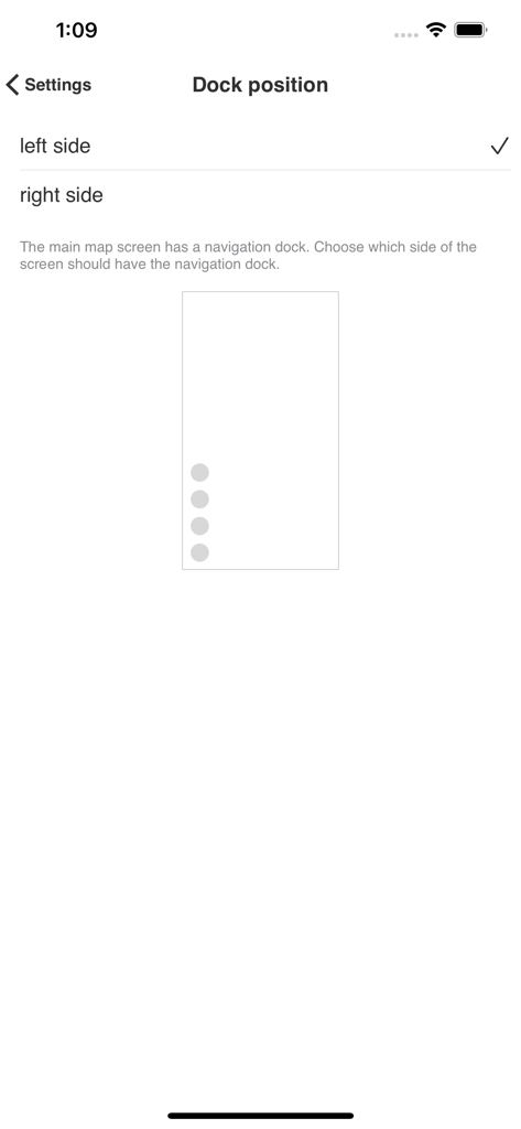 Underway: NYC Subway Transit - Underway NYC Subway app settings screen for choosing the navigation dock position between left or right side.