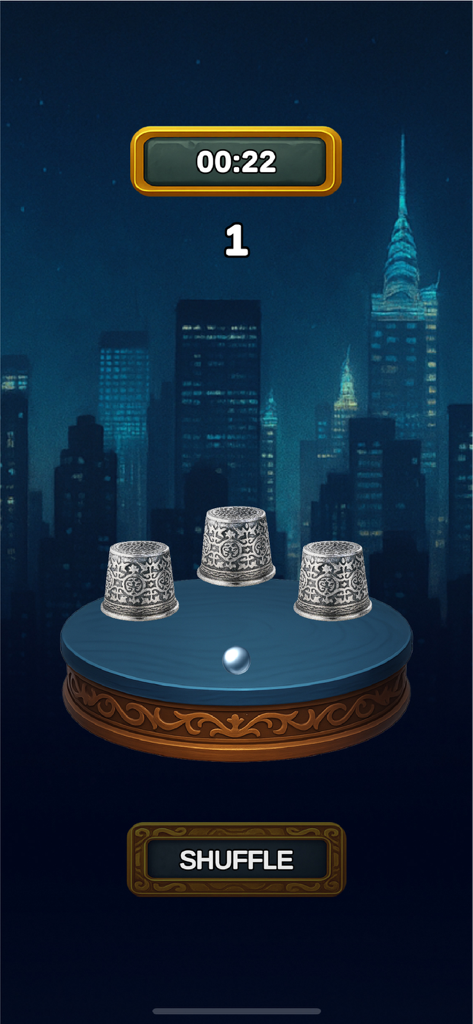 Cup Trick Hustle - Gameplay of Cup Trick Hustle showing three ornate silver cups and a ball on a platform against a city background