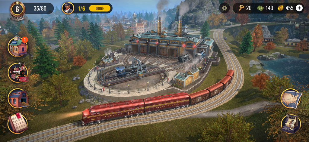 Railroad Empire: Train Game - Un train à vapeur rouge traversant un dépôt de chemin de fer et une rotonde dans un paysage forestier d'automne pittoresque.