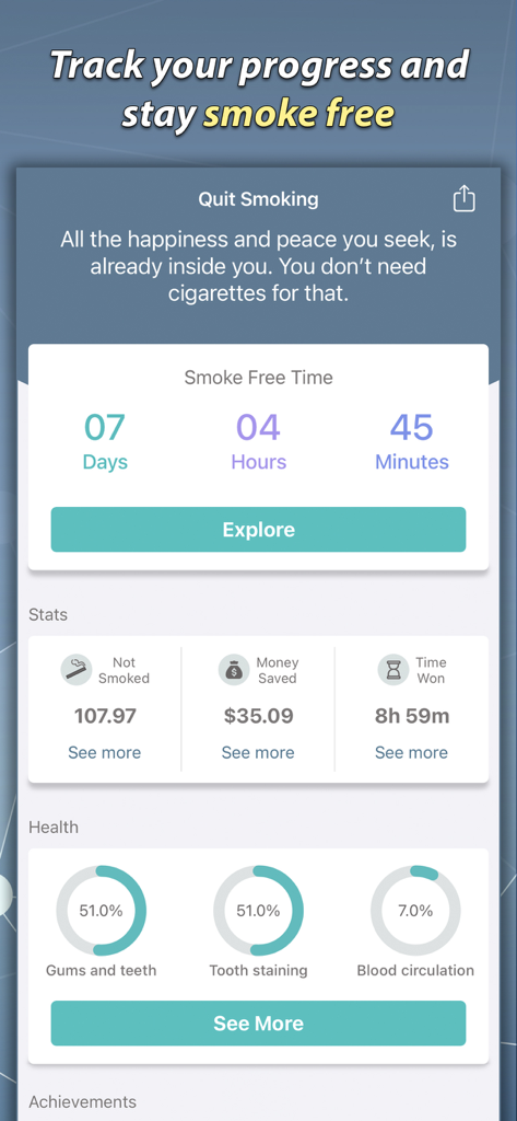 Quit Smoking Helper - Stop Now - Quit Smoking Helper app interface showing smoke free time, money saved, and health progress statistics.