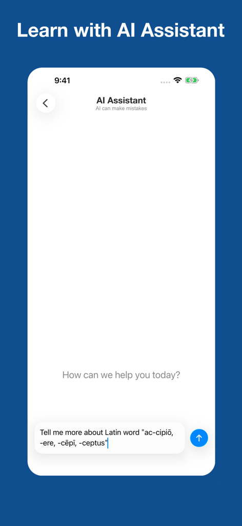 Latin for Beginners - Interface showing a chat with an AI assistant to learn Latin words.