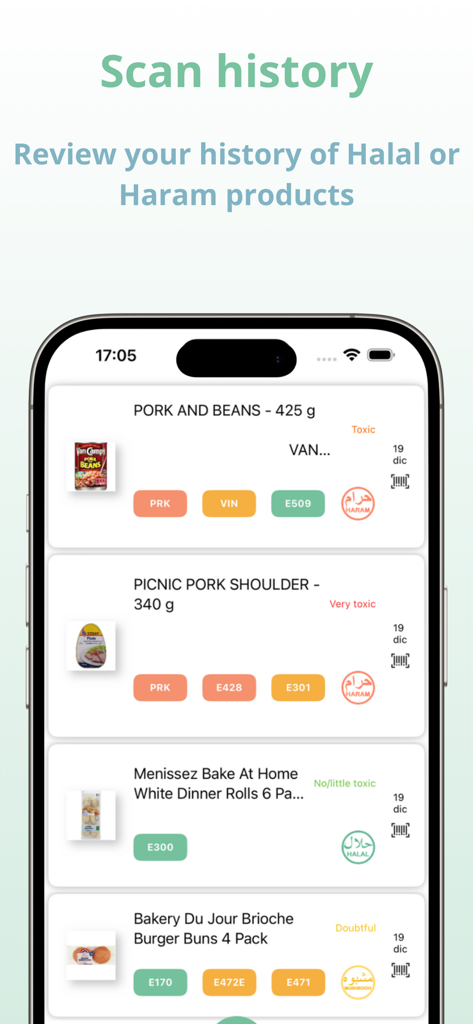 Tela de histórico de escaneamento mostrando uma lista de produtos alimentícios com status Halal e Haram