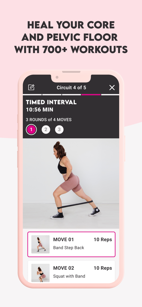 Get Mom Strong - Get Mom Strong app workout interface showing a core and pelvic floor exercise with a resistance band