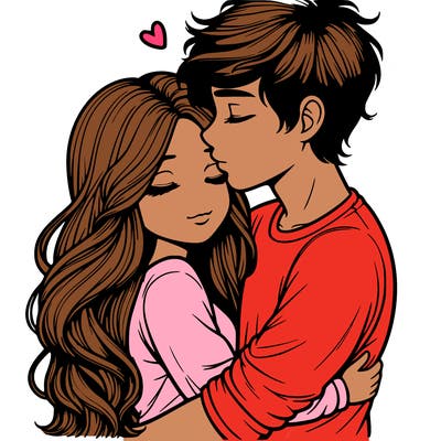 a realistic couple boy and girl hugging and kissing
