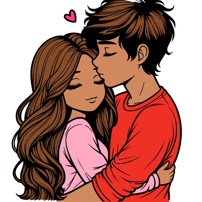 a realistic couple boy and girl hugging and kissing