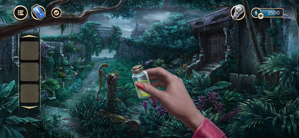 Hand holding a mysterious glass bottle in a tropical island jungle scene