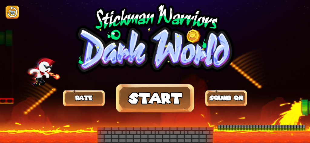 Stickman Warriors : Dark World - Main menu of Stickman Warriors Dark World featuring a stickman character with red hair and a start button over a lava background
