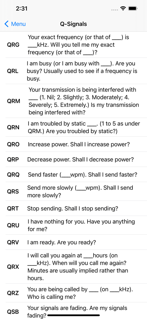 Radio Reference - Uma lista de sinais Q de rádio amador e suas definições no aplicativo Radio Reference