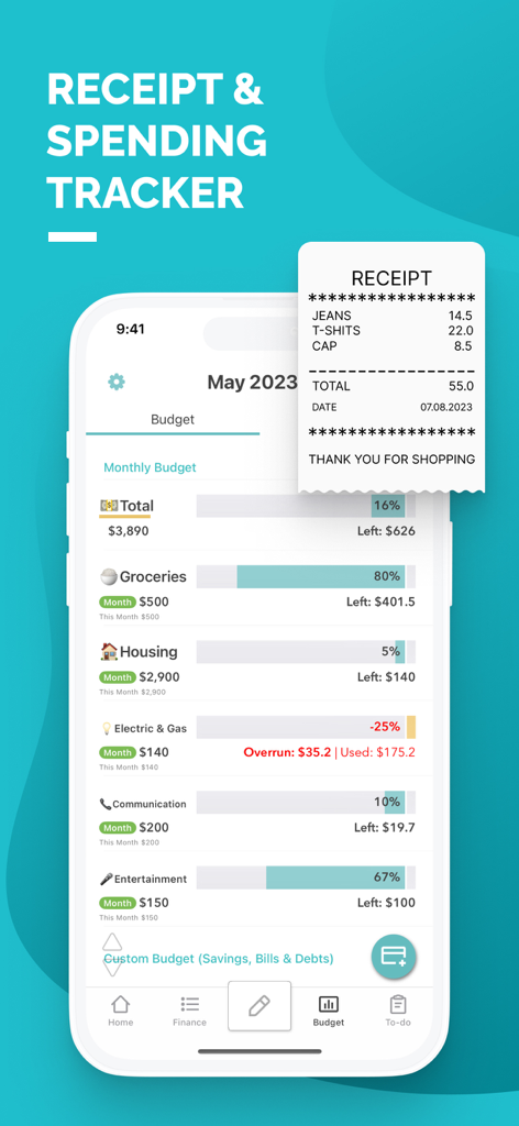 Sharerooアプリのインターフェース。月間予算カテゴリと経費追跡用のデジタルレシートを表示。