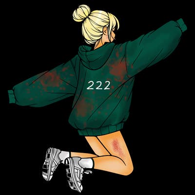 realistic girl jumping with a bun and oversized sweatshirt