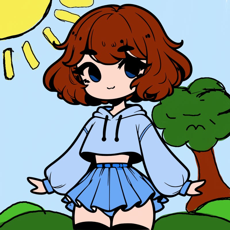 cute femboy with short, fluffy hair that softly frames their face, wearing a cropped hoodie, paired with a flouncy short skirt, and thigh-high stockings