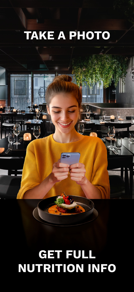 Una donna che scatta una foto del suo pasto al ristorante per ottenere informazioni nutrizionali istantanee utilizzando l'app Nutrio Ai