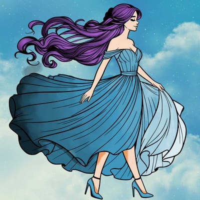 realistic woman in a dress flowing in the wind