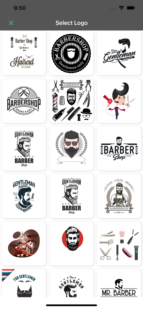 Uma coleção de modelos profissionais de design de logos para barbearias e cuidados masculinos na interface do aplicativo