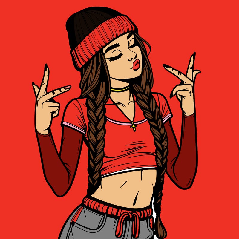 realistic teenage girl with braids and a beanie and crop top doing 🫶🏼