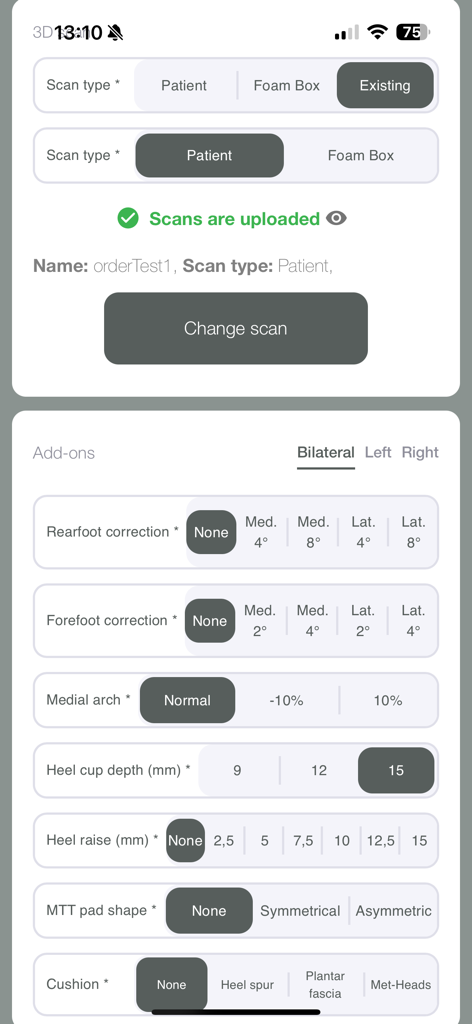 8sole Flex - Interfaz de la aplicación 8sole Flex para que los profesionales médicos configuren ortesis personalizadas impresas en 3D con ajustes clínicos.