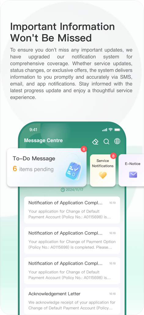 OneService App - The Message Center interface of the OneService App showing policy notifications and to-do items.