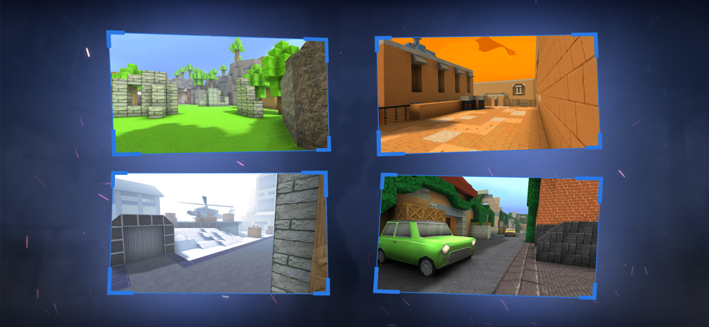 KUBOOM: Online shooting games - KUBOOMモバイルゲームの4つの異なる様式化されたブロック状の環境と戦場を示すショーケース